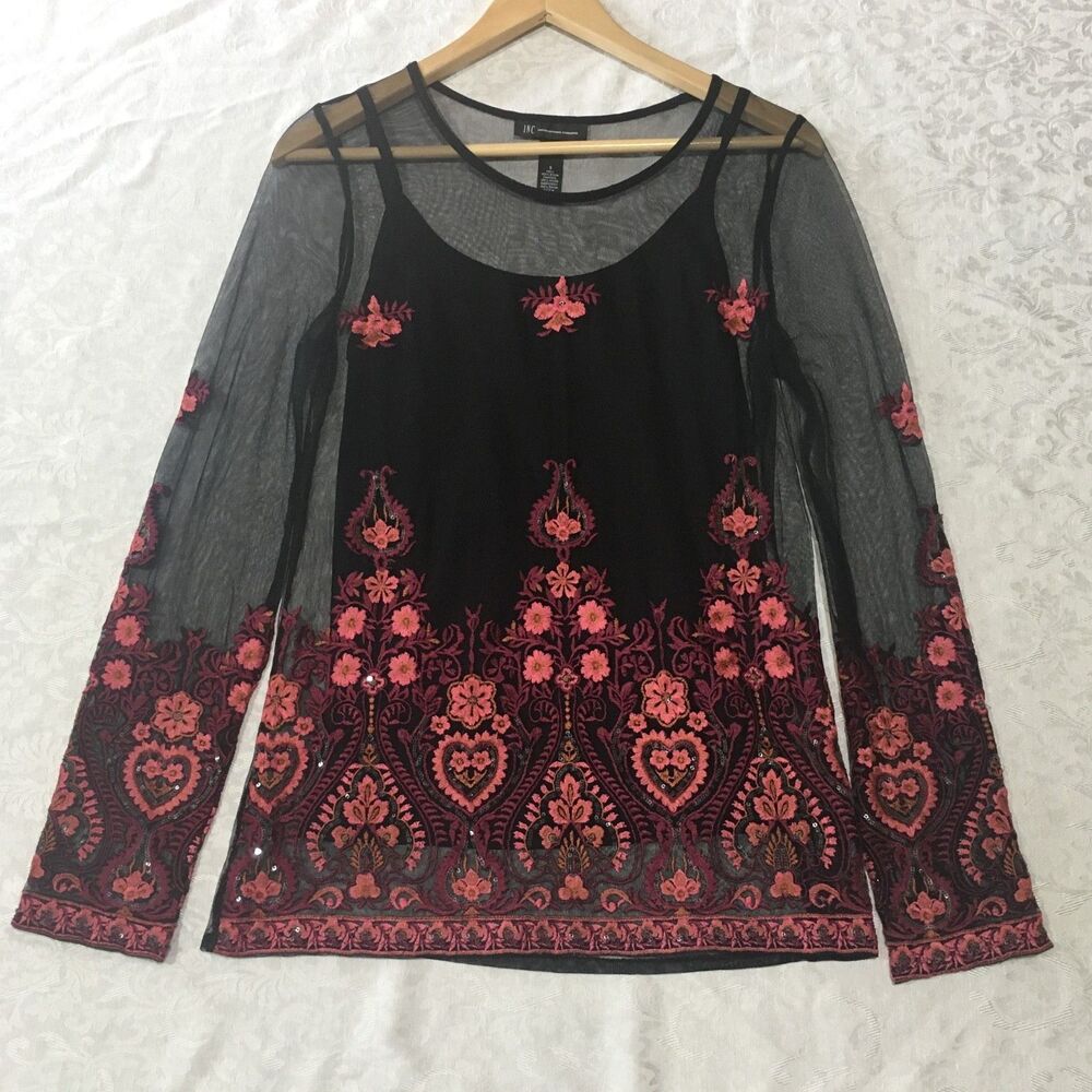 INC Black Sheer Floral Embroidered Women's Top Size S Mesh Boho Dark Floral